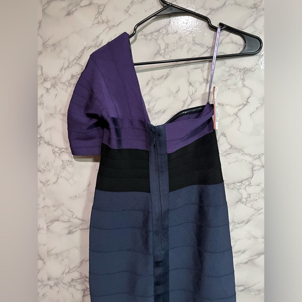 Herve Leger One-shoulder Tri-Colour Block Bandage Dress Size L - Picture 9 of 11